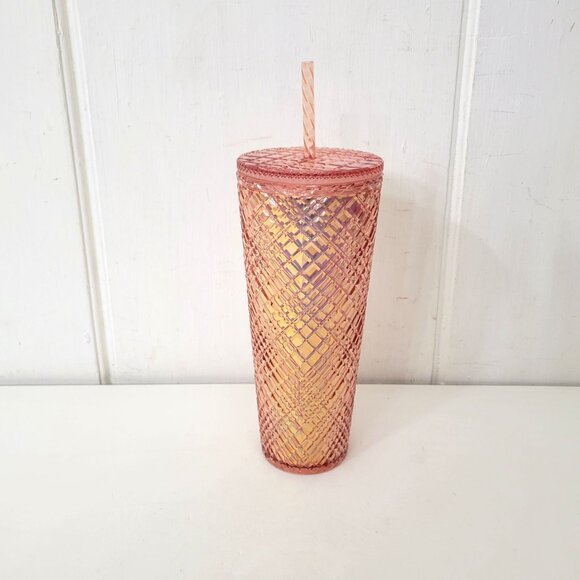 Starbucks 24 Oz Rose Gold Diamond Patterned Tumbler With Straw - Picture 2 of 5